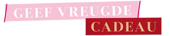 De tekst “GEEF VREUGDE CADEAU” voor een achtergrond in roze en rood