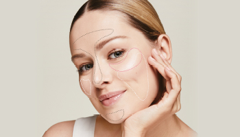 Vrouwengezicht met huidzones waarop verschillende maskers worden gebruikt – helemaal in de zin van Face Mapping resp. Multimasking