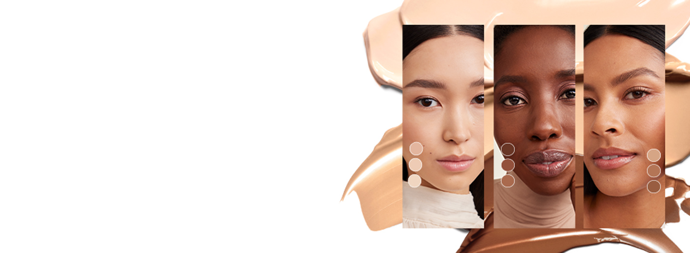 3 vrouwen met verschillende huidskleuren kijken naast elkaar in de camera.