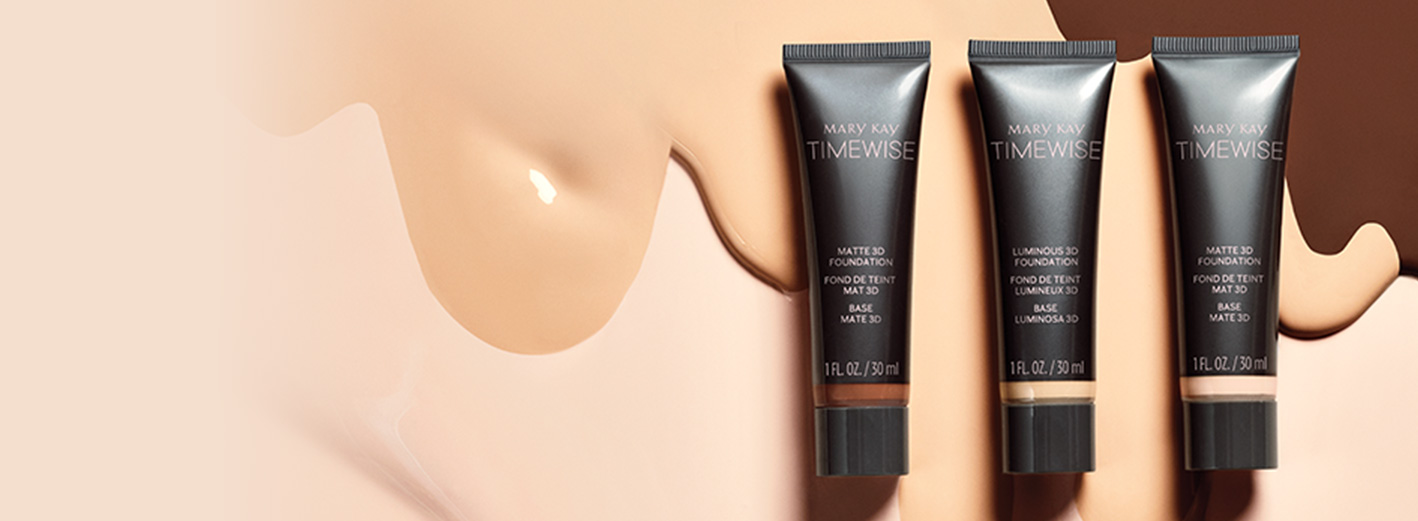 Mary Kay TimeWise 3D Foundation product tube and swatches in ivory, beige and bronze skin tones.