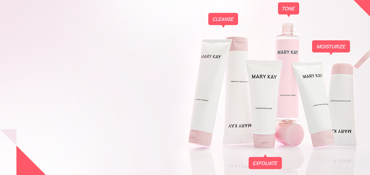 De producten van de nieuwe huidverzorgingslijn „Mary Kay Skin Care“: Hydrating Cleanser, Mattifying Cleanser, Hydrating Moisturizer, Mattifying Moisturizer, Balancing Toner, Exfoliating Scrub