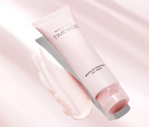 Het Mary Kay Moisture Renewing Gel Mask voor de droge huid  ligt voor een roze achtergrond.