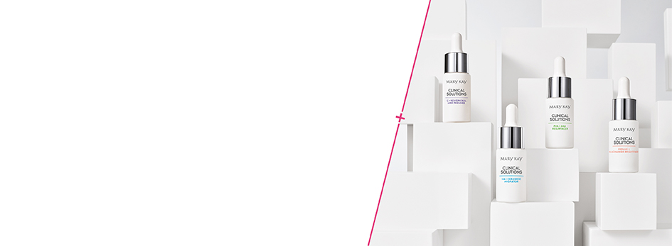 Alle vier de Clinical Solution Boosters van Mary Kay: C + Resveratrol Line-Reducer voor zichtbaar verzachte lijntjes, HA + Ceramide Hydrator voor je vochtboost, PHA + AHA Resurfacer om de huidvernieuwing te versnellen, Ferulic + Niacinamide Brightener voor een sterkere uitstraling