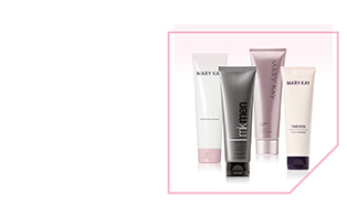 Vier gezichtsverzorgingsproducten: Mary Kay Hydrating Cleanser, MK Men Daily Facial Wash, TimeWise Repair Volu-Firm Foaming Cleanser, TimeWise 4-in-1 Cleanser