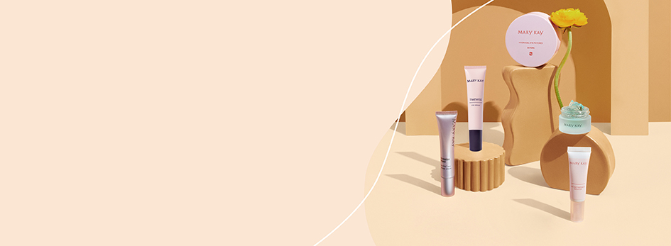 Er zijn vijf Mary Kay oogverzorgingsproducten te zien: Indulge Soothing Eye Gel, Mary Kay TimeWise Eye Cream, TimeWise Repair Volu-Firm Eye Renewal Cream, Instant Puffiness Reducer, Hydrogel Eye Patches