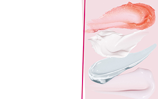 Vier verschillende klodders Mary Kay gezichtsverzorgingsproducten in verschillende kleuren en consistenties