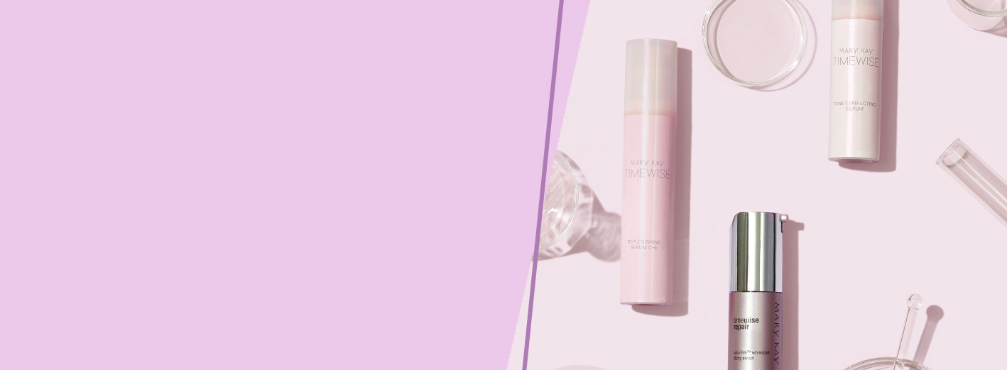 Selectie van Mary Kay gezichtsserums op een roze oppervlak