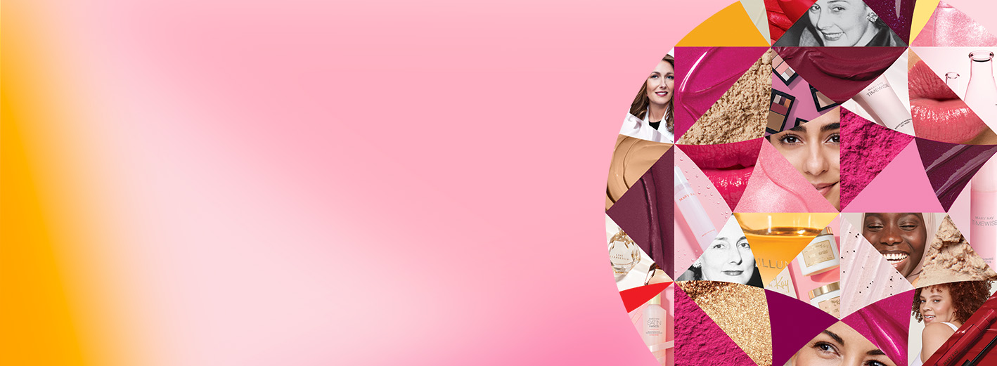 Een collage van bekende gezichten uit de pinke Mary Kay wereld en kleurig opgemaakte lippen.