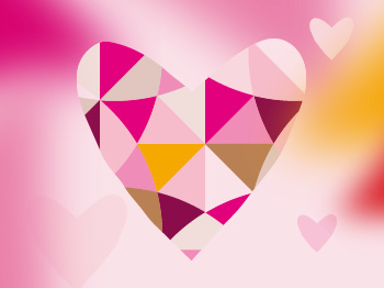 Een hart in jaren zestig-stijl is voor een wazige pinke achtergrond afgebeeld.