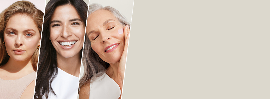 Drie vrouwen met een stralend mooie huid zijn naast elkaar te zien - een vrouw van in de twintig, een vrouw van in de zestig en een vrouw van in de dertig