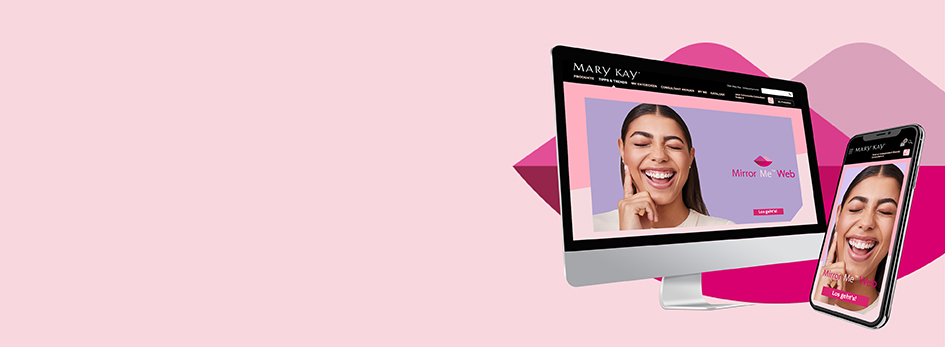 Zowel op een computerscherm als op een mobiel telefoonscherm is de applicatie "MirrorMe Web" van Mary Kay te zien, waarmee men Mary Kay make-up producten virtueel kan testen