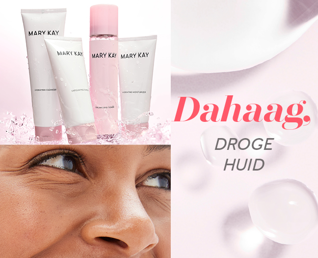 Collage met de Mary Kay matterende verzorgingsserie en een close-up van een model met een donkere huidskleur en bruine ogen – opschrift: Dahaag, droge huid