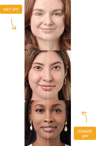 Op de foto zijn drie vrouwen te zien met een lichte, medium en donkere huidskleur. Zij worden ter vergelijking naast elkaar weergegeven, telkens met en zonder de SPF op het gezicht aangebracht. De Mary Kay Minerale Zonverzorging SPF 30 heeft ten doel de natuurlijke schoonheid van elke huidskleur te accentueren en aan te vullen – hier in een vergelijking voor/na weergegeven.