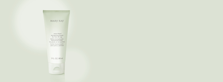 Mary Kay Mint Bliss® Energizing Lotion for Feet and Legs is afgebeeld tegen een grijze achtergrond.