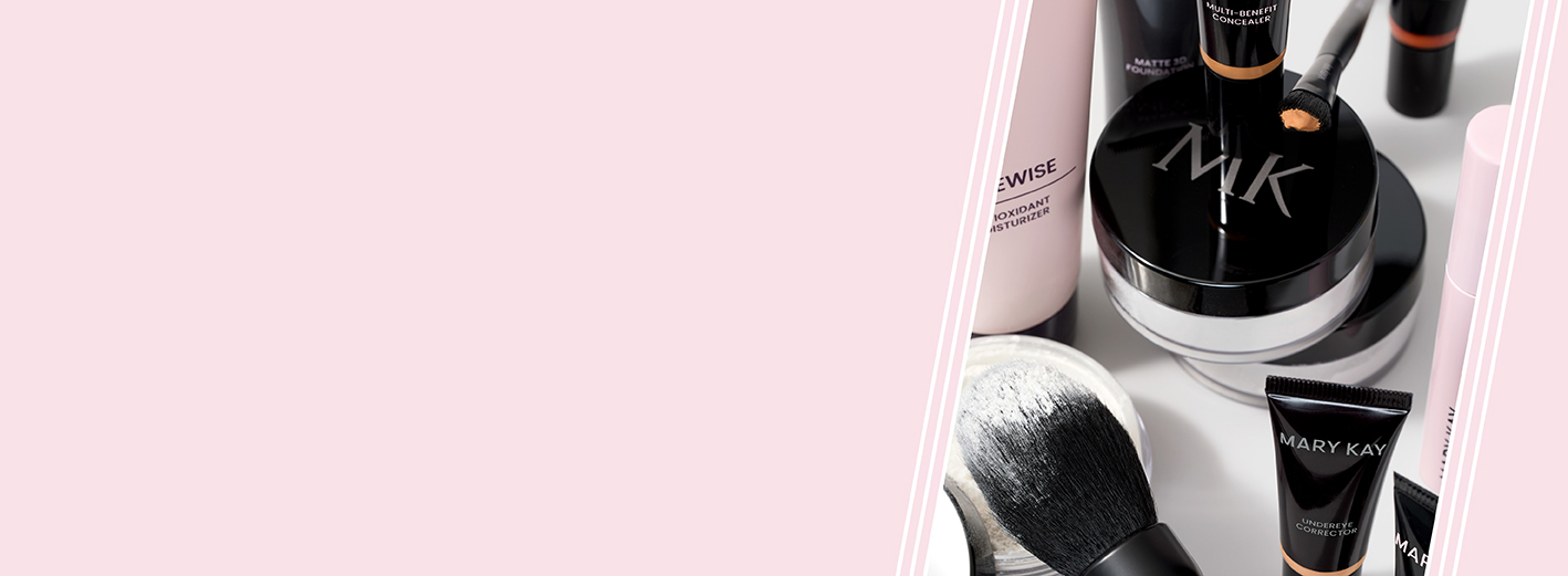 Enkele producten van Mary Kay die helpen om donkere kringen onder de ogen te verbergen, zoals concealer, kleurcorrector, poeder, ...