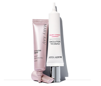 Er zijn twee Mary Kay producten te zien: TimeWise Repair Volu-Fill Deep Wrinkle Filler & Clinical Solutions Deep Wrinkle Limiter