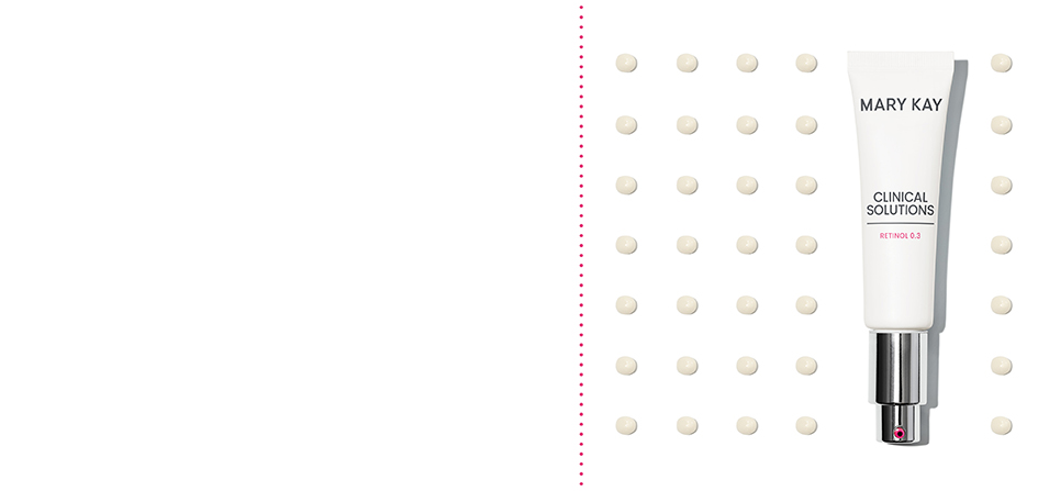 Het nieuwe gezichtsserum van Mary Kay (Clinical Solutions Retinol 0,3), omringd door kleine witte bolletjes